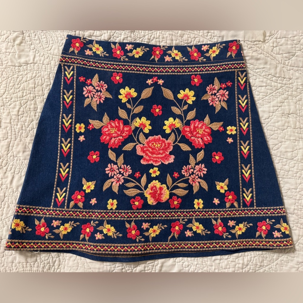 Scandinavian boho floral denim skirt